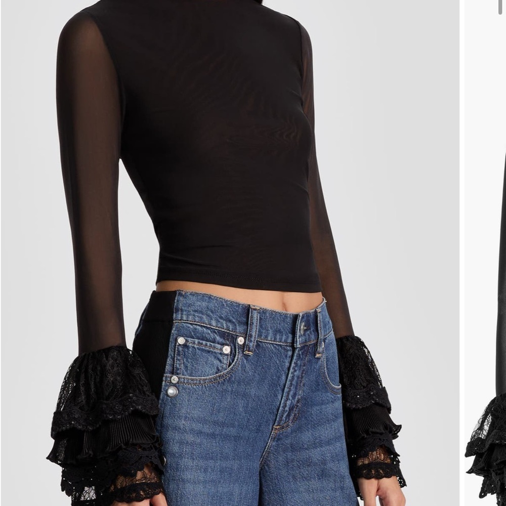 Alice + Olivia Sheer Black Blouse with Lace Bell Sleeves Size Large NEW - Picture 6 of 7